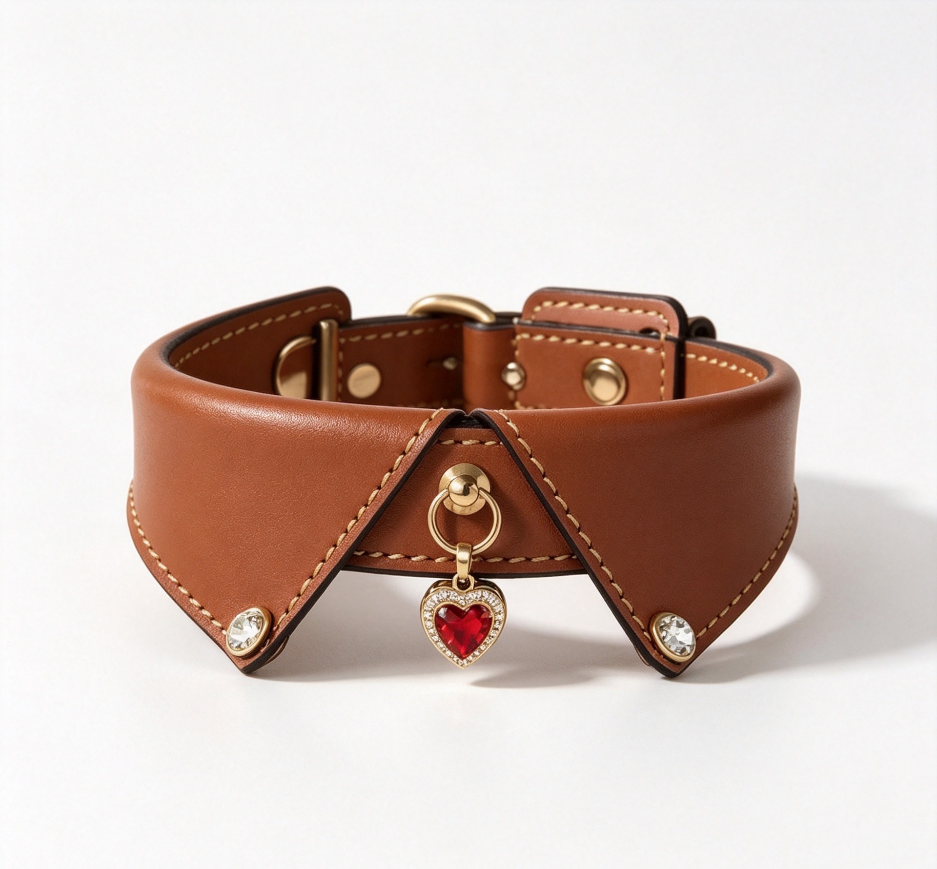 Sunflower Top Grain Cowhide Rhinestone Heart Pendant Dog Collar, British Style Adjustable Pet Collar thumb 2
