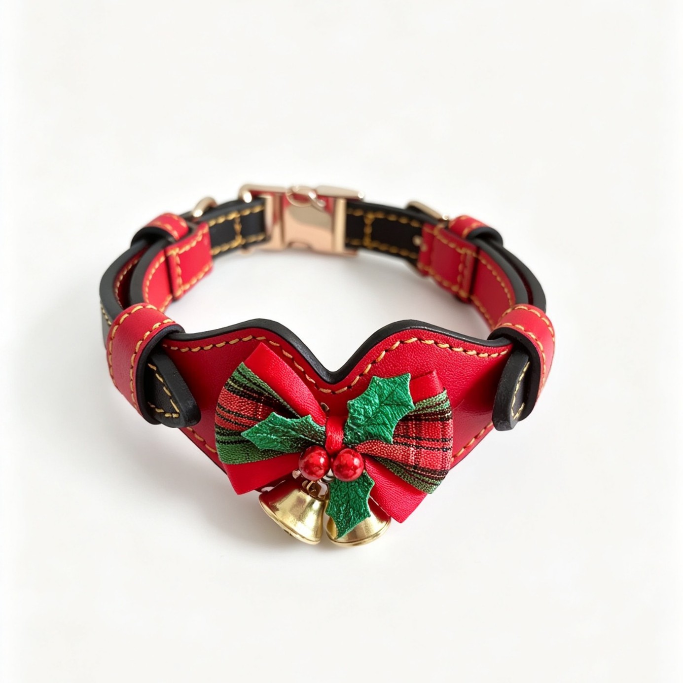 Sunflower Top Grain Cowhide Christmas Bow Bell Pet Collar, Rhinestone Dog & Cat Holiday Collar