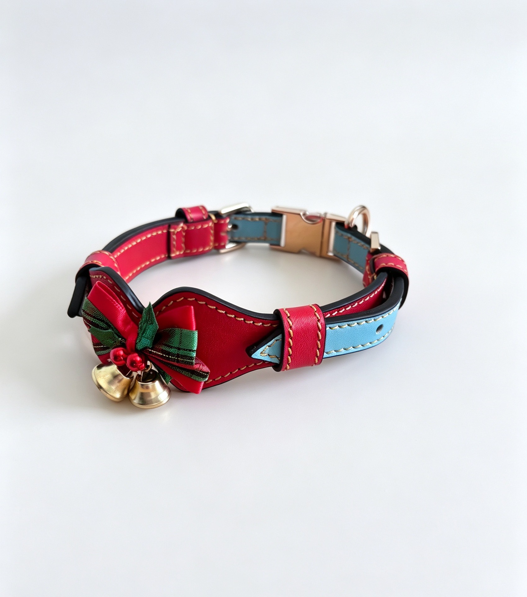 Sunflower Top Grain Cowhide Christmas Bow Bell Pet Collar, Rhinestone Dog & Cat Holiday Collar thumb 1